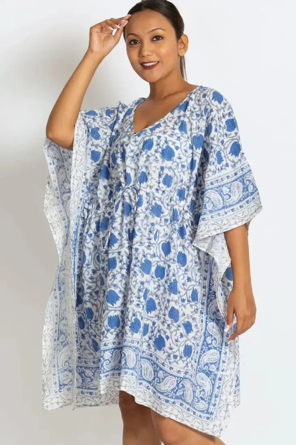 Blue and White Floral Print Short Cotton Caftan Mini Dress worn relaxed 