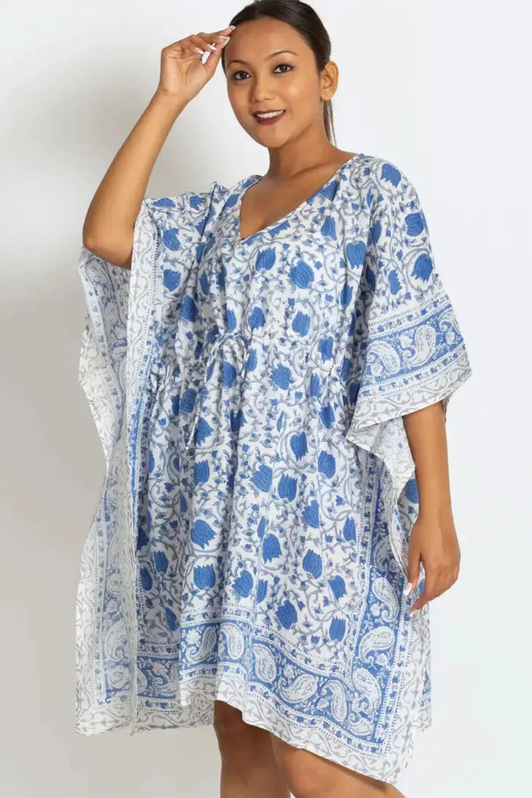 Blue and White Floral Print Short Cotton Caftan Mini Dress worn relaxed 
