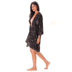 Lotus and Luna Raven Cosmic Sky Bohemian Kimono Cover Up with Black Cosmic Sky Celestial Print, Midi length and short sleeves