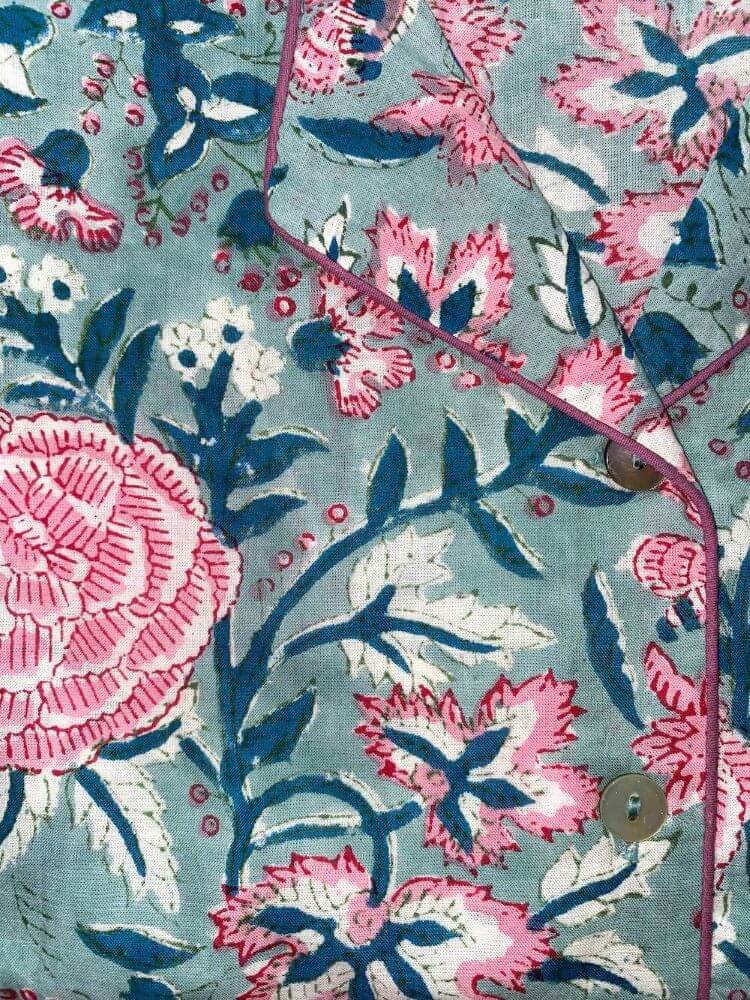 bue floral women's button down PJ top detail
