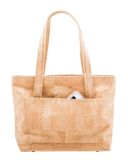Back view of natural cork Grace tote handbag with phone in rear slip pocket, showcasing functional and accessible storage.