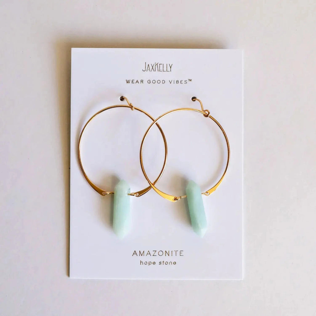 Gold hoop earrings with amazonite stones on a JaxKelly branded card.