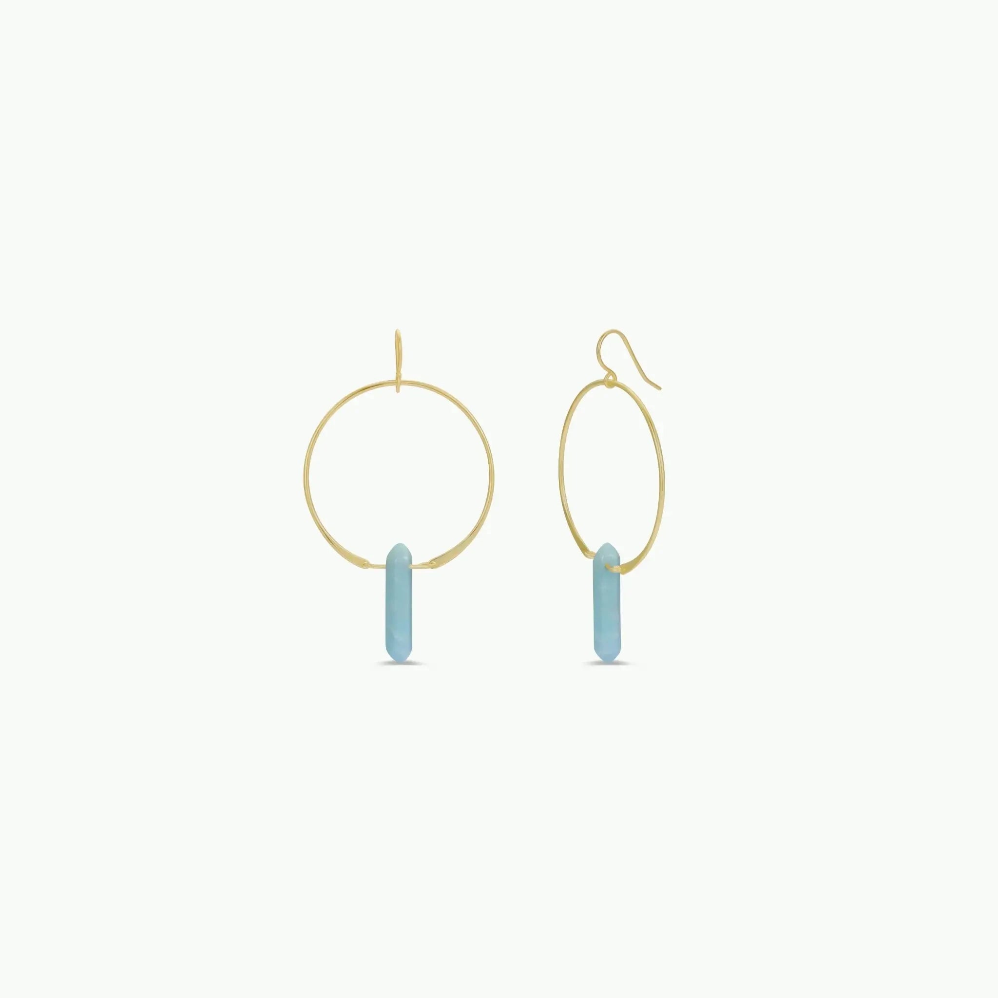 Yellow gold hoop earrings with light blue-green cylindrical amazonite charms on a white background