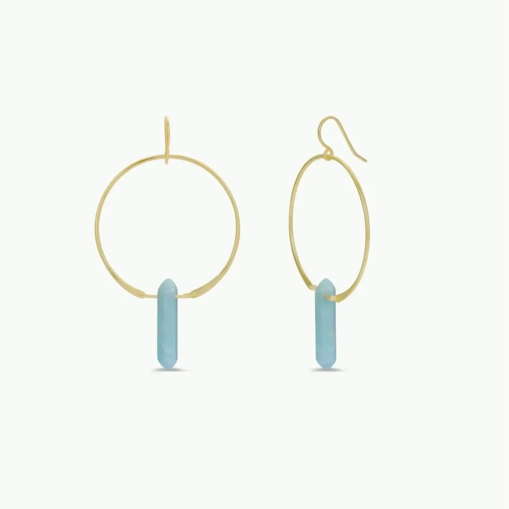 Large gold hoop earrings with blue Amazonite cylindrical dangling gemstones