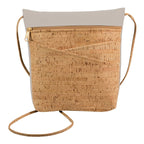Natural Cork and Gray Faux Leather Crossbody Bag with Outside Pockets and zipper top closure.