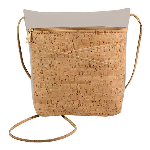 Natural Cork and Gray Faux Leather Crossbody Bag with Outside Pockets and zipper top closure.