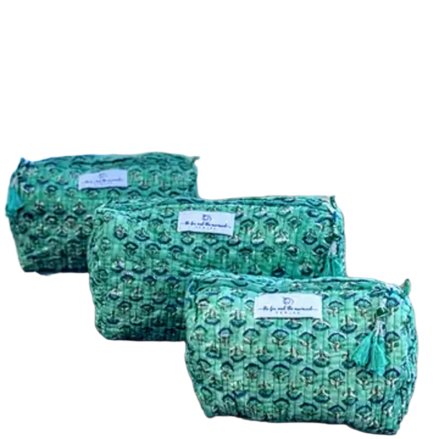 set of three varied size green floral quilted cotton toiletry bags