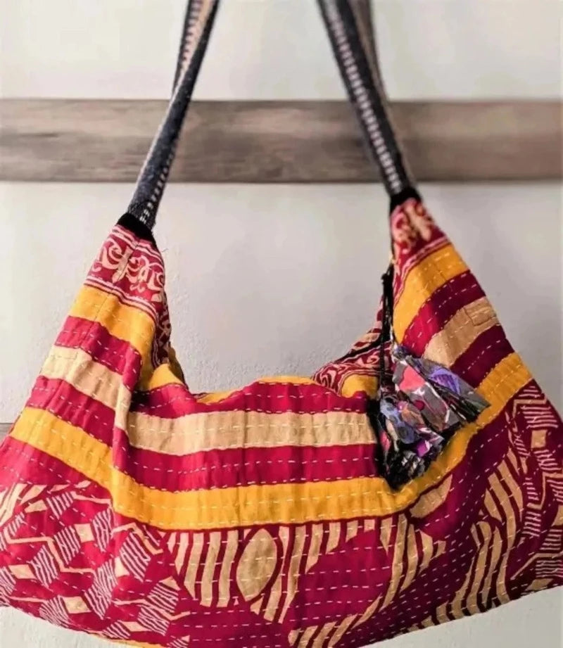 Kantha Patchwork Hobo Crossbody Bag in Red and Yellow Print