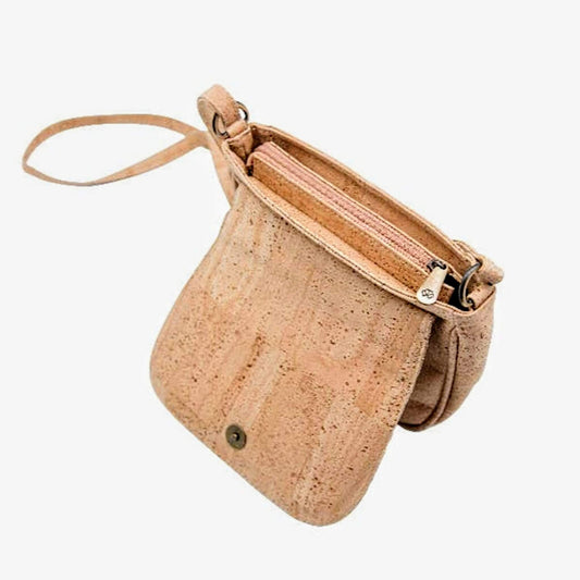 Lily flap front small crossbody purse in natural beige vegan cork with back exterior pocket, magnetic closure and adjustable strap