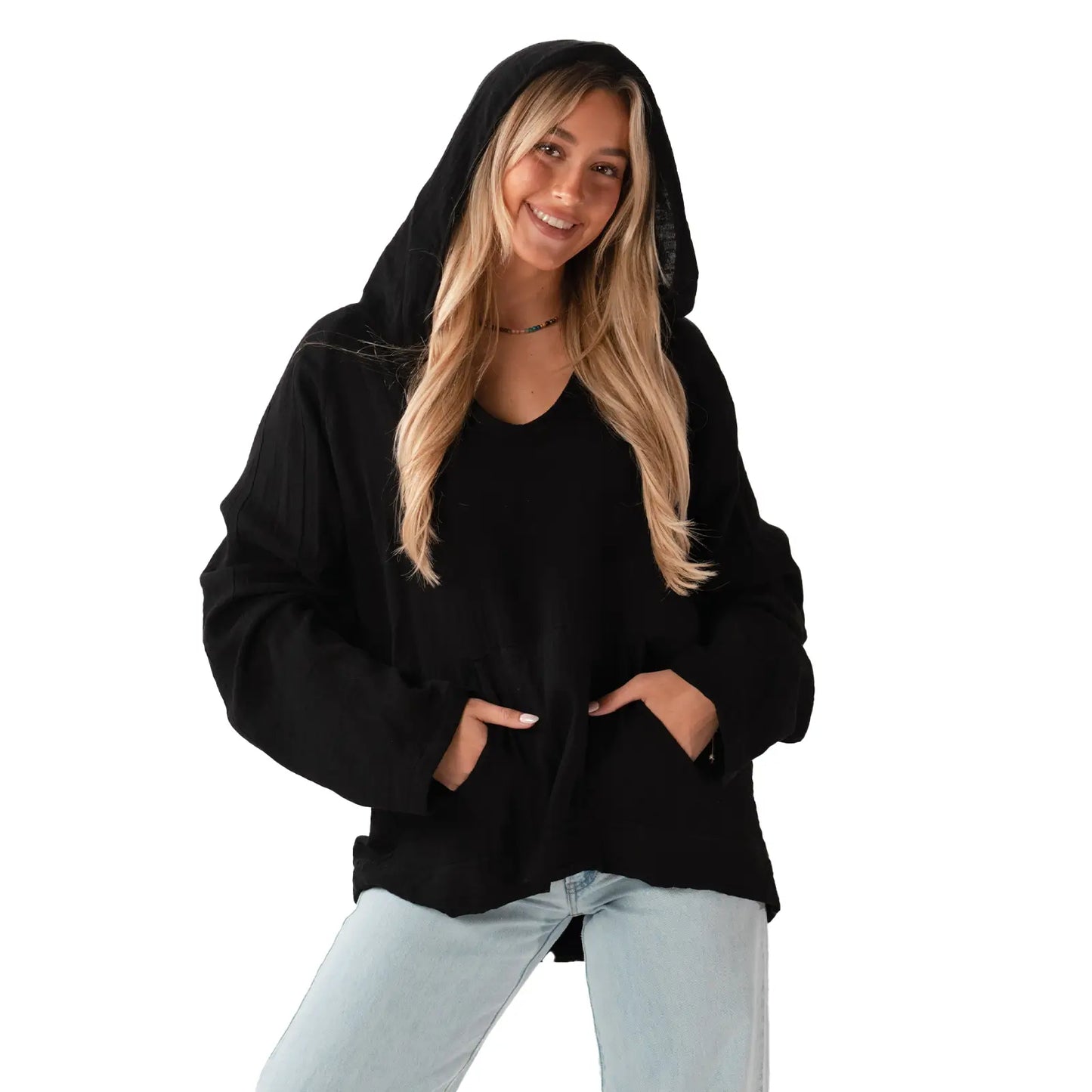 Lotus and Luna Baja Black Cotton Lightweight Hoodie Pullover - Elle and Willow