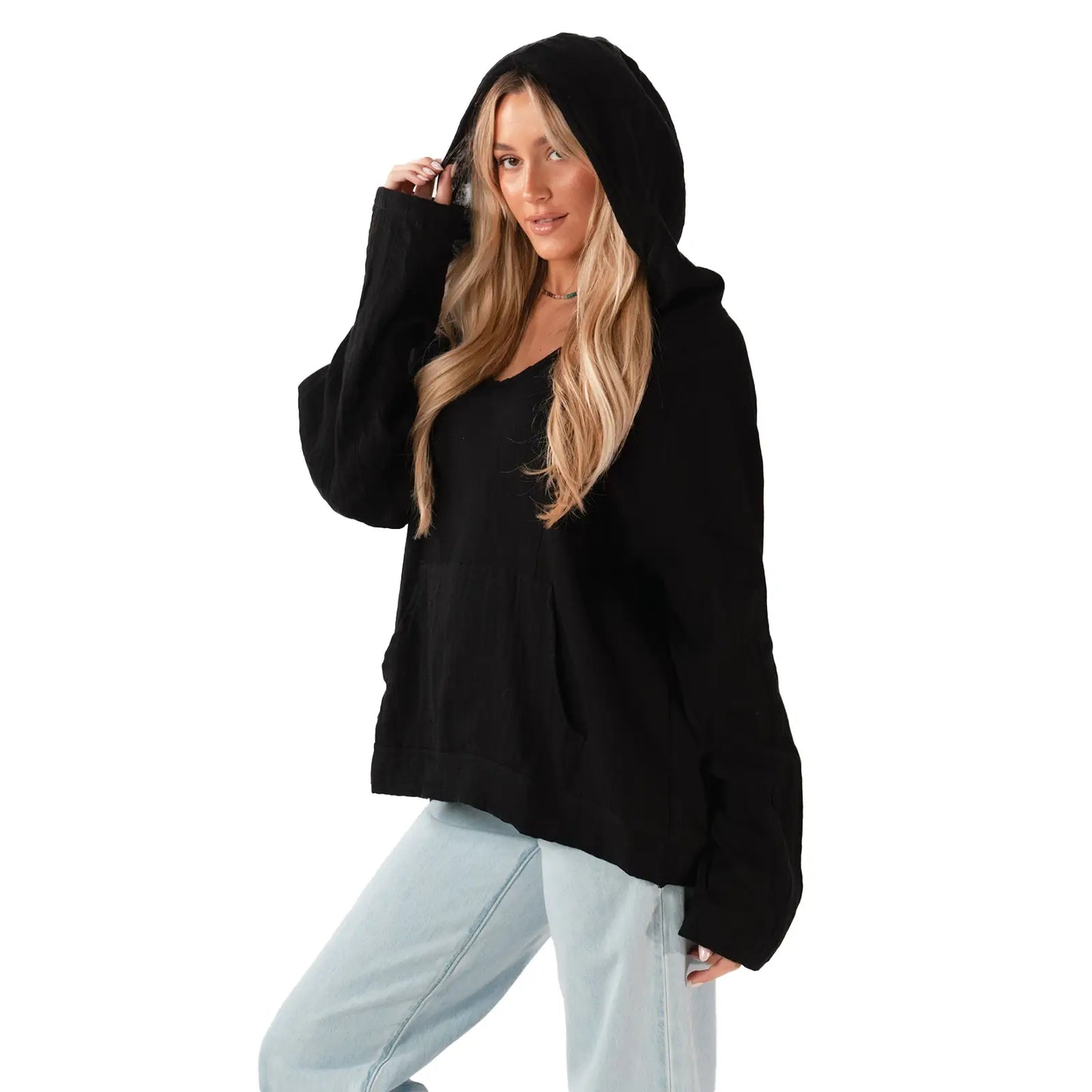 Lotus and Luna Baja Black Cotton Lightweight Hoodie Pullover, side view - Elle and Willow