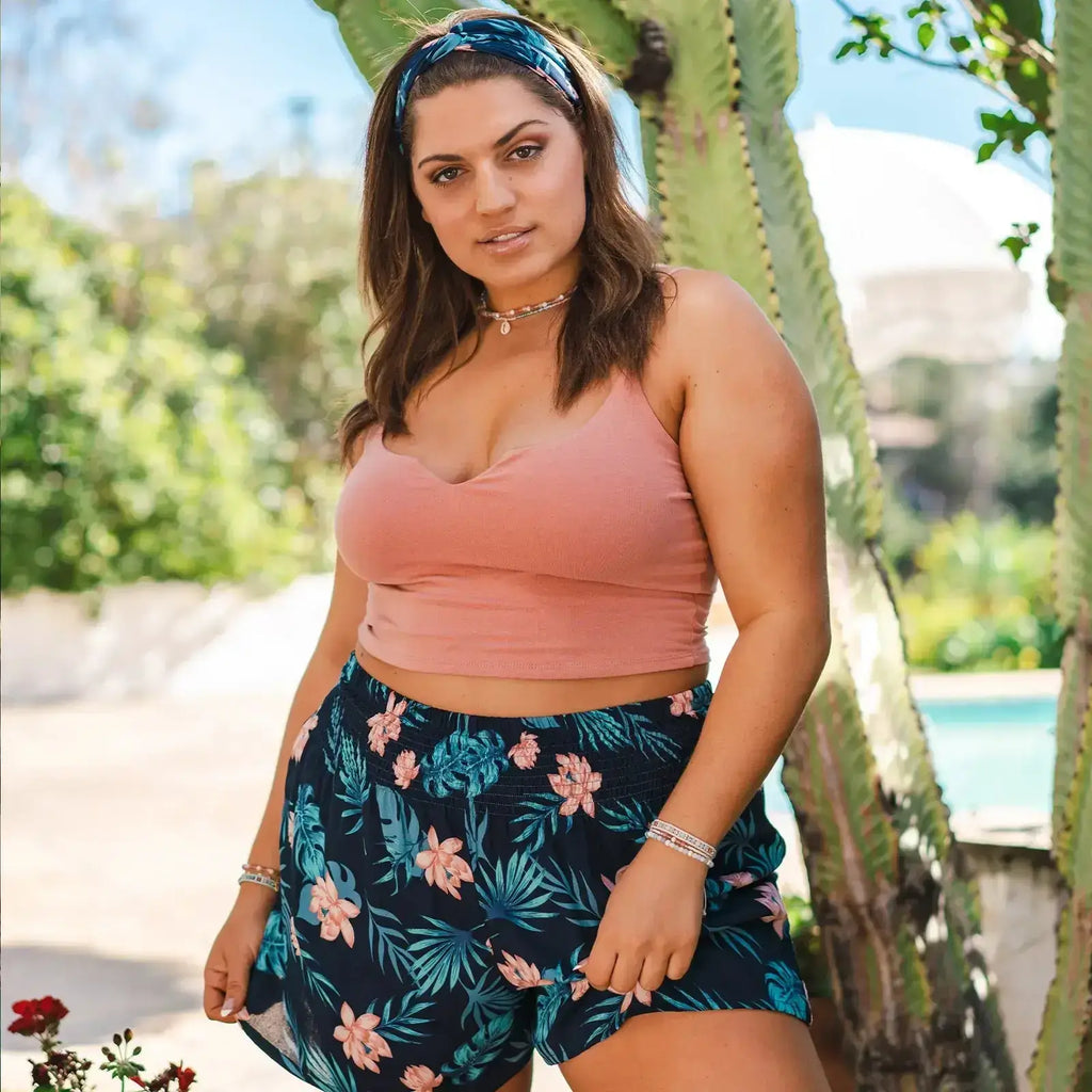 Lotus & Luna Shorts - Kona - Navy & Pink Tropical Print