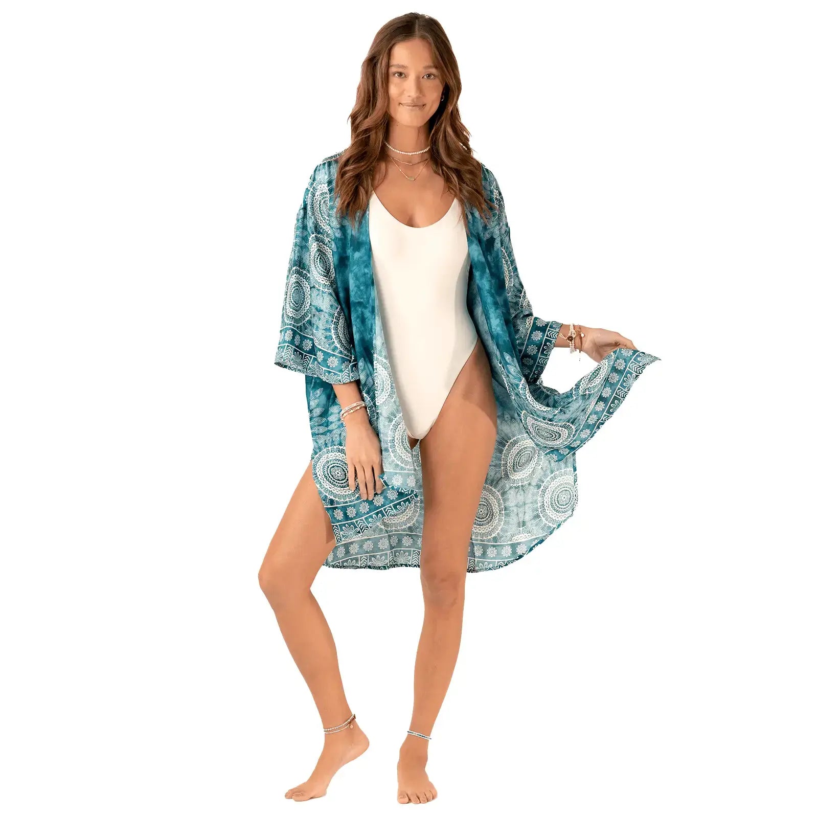 Lotus and Luna - Palmetto Point Beach Cover Up - Teal Kimono with White Mandala Print
