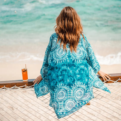 Lotus and Luna - Palmetto Point Beach Cover Up - Teal Kimono with White Mandala Print - back view
