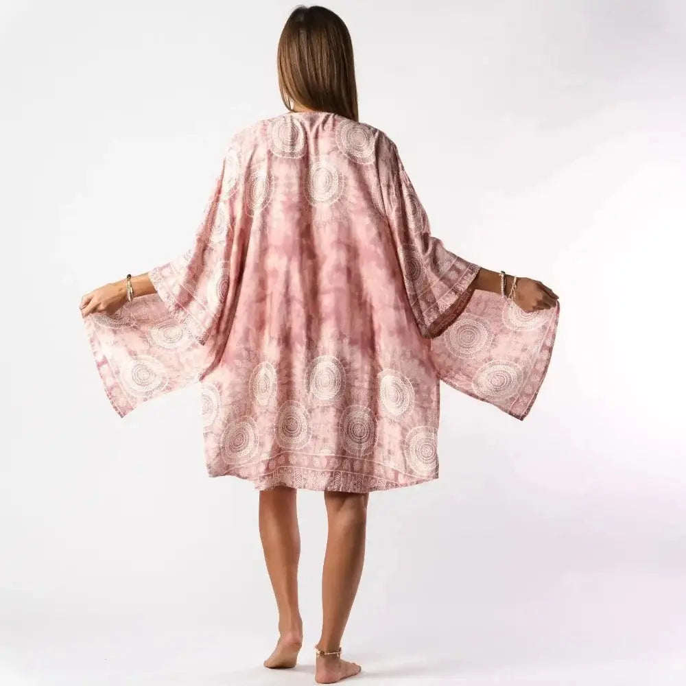 Lotus & Luna - Baja Boho Kimono Cover up in Guava Pinky Peach Mandala Print - Back View
