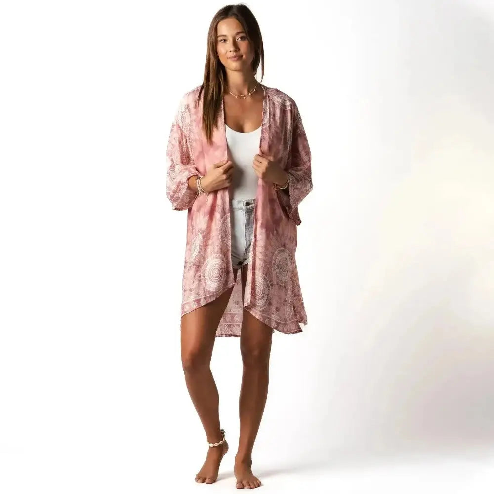 Lotus and Luna - Boho Kimono Cover up in Guava Pinky Peach Mandala Print
