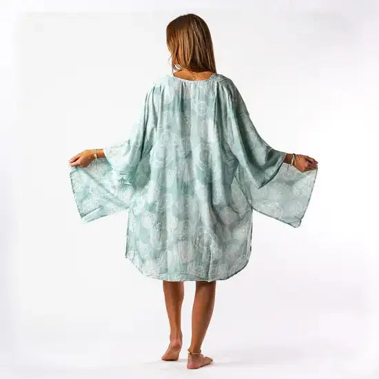 Back View of Lotus-and-Luna-Sanibel-Aqua-Lace-Mandala-Print-Boho-Swim-Coverup-Kimono