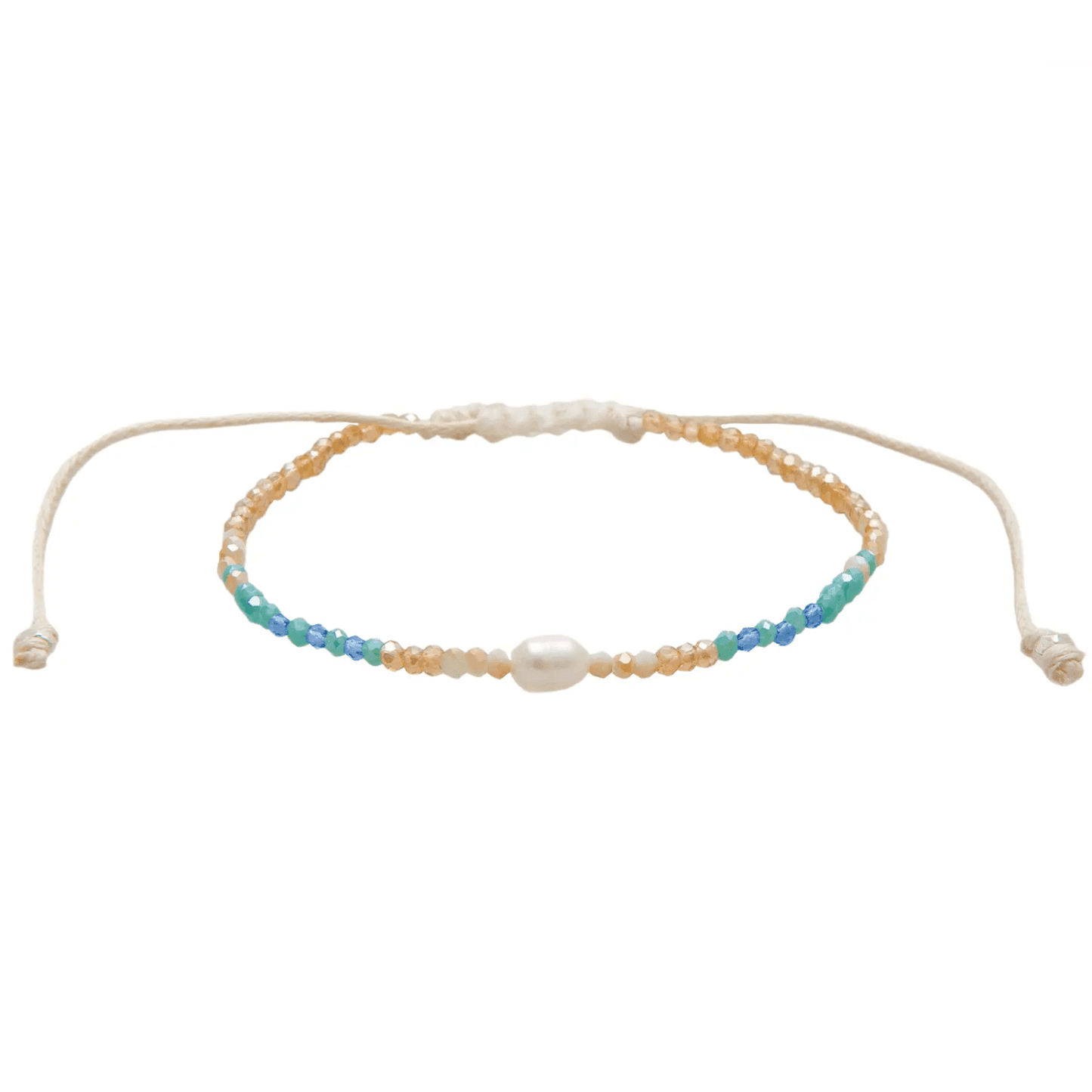 Lotus and Luna Make Waves Goddess Bracelet with Pearl and Crystals featuring blue, teal, and gold beads on an adjustable cord for a boho chic look.