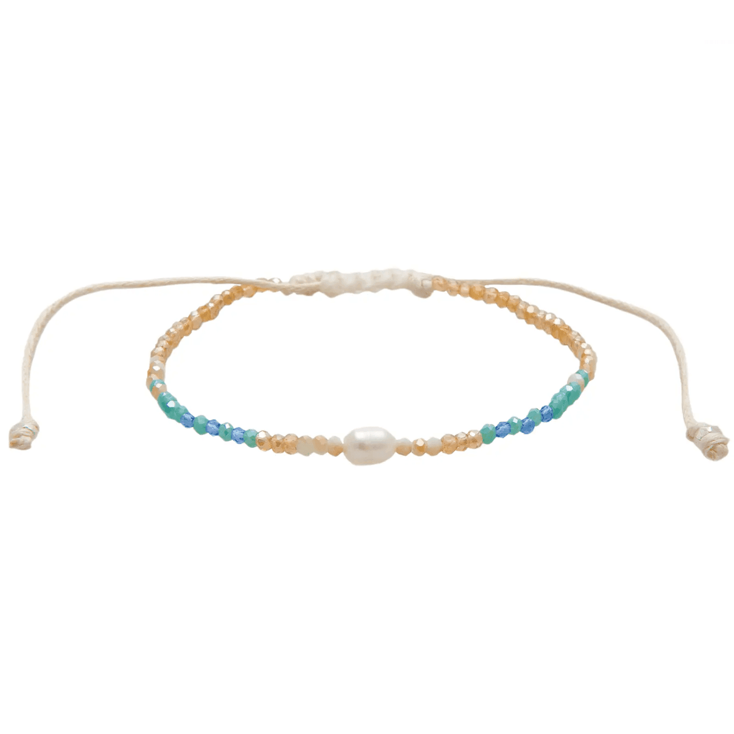 Lotus and Luna Make Waves Goddess Bracelet with Pearl and Crystals featuring blue, teal, and gold beads on an adjustable cord for a boho chic look.