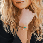 Woman Wearing a Lotus and Luna Master Namaste Bracelet on Her Wrist