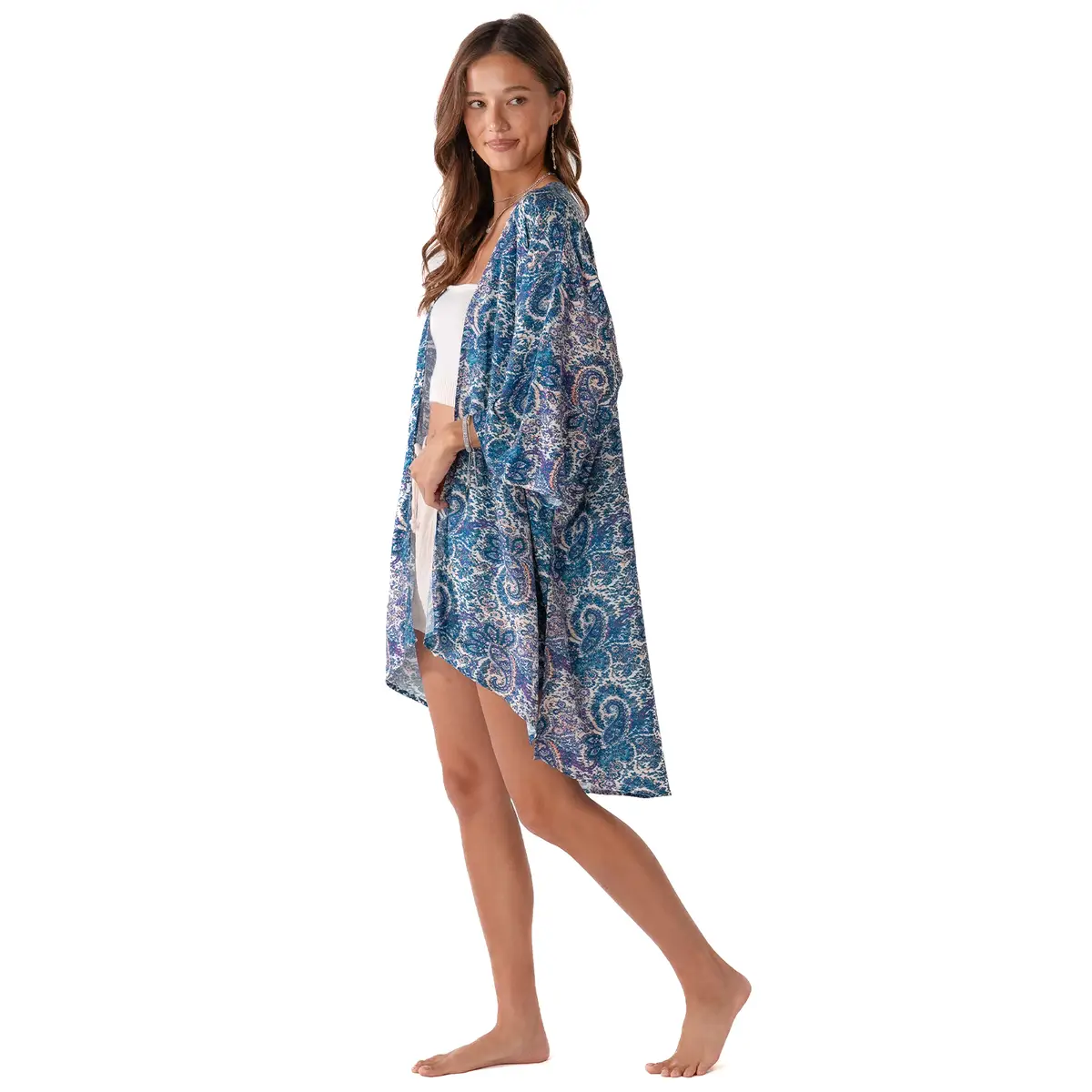 Lotus and Luna Beach Cover in blue paisley print, lightweight handmade swim wrap with side slits, ideal for beachwear or poolside layering.