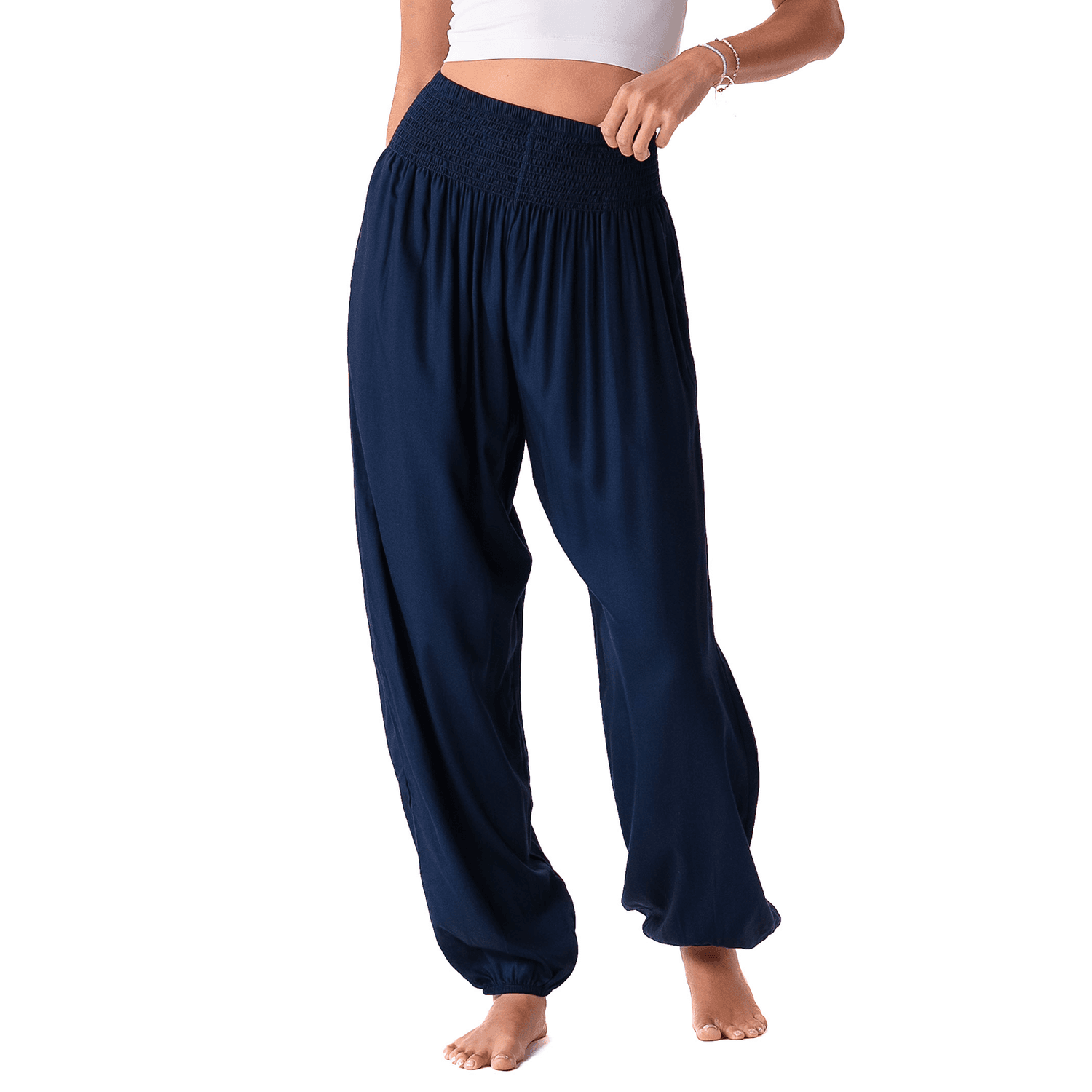 Lotus and Luna Harem Pants XL in navy with smocked waistband and elastic cuffs, perfect for comfy and relaxed wear.