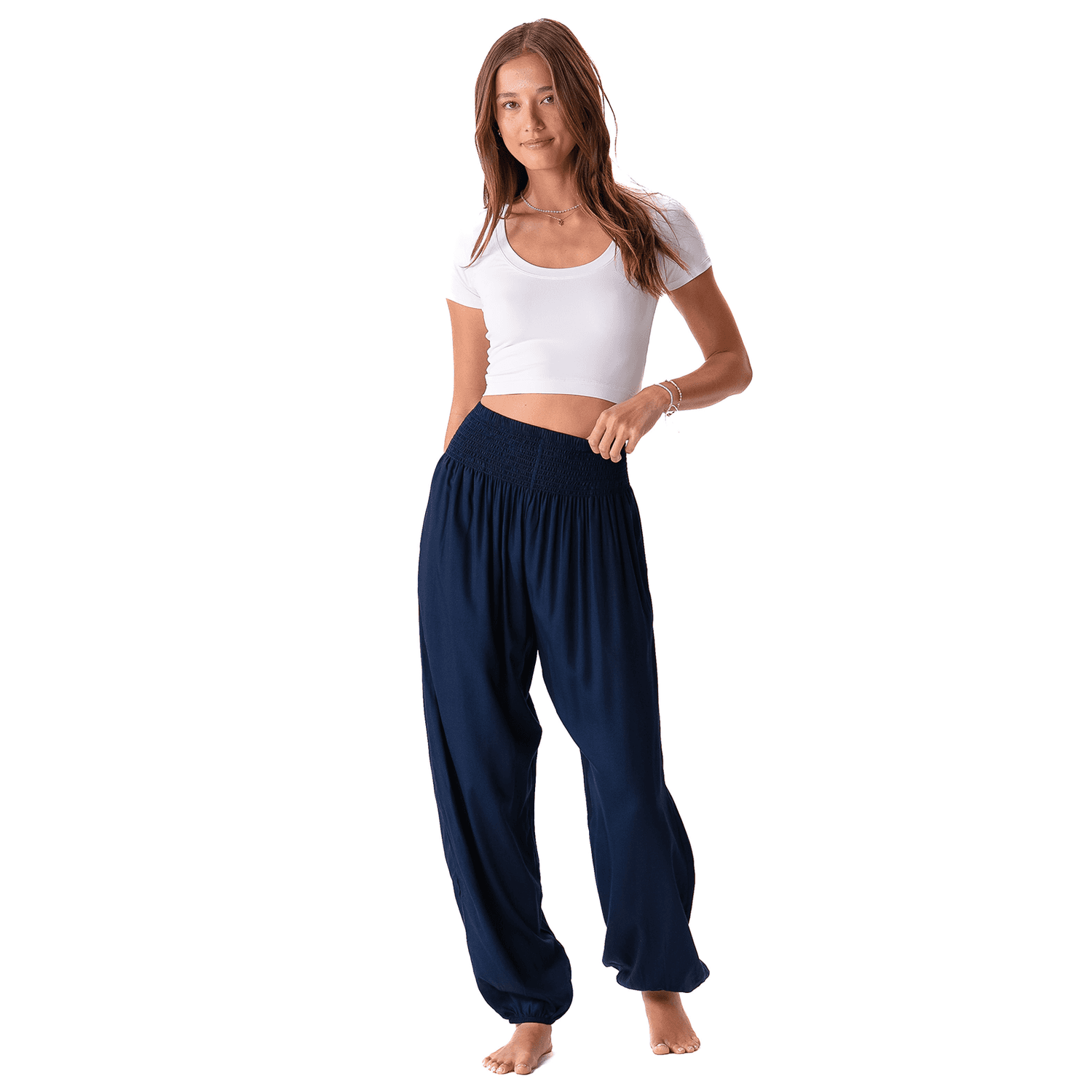Model posing in Lotus and Luna Harem Pants XL, showcasing the comfy fit and stylish design ideal for relaxed wear.