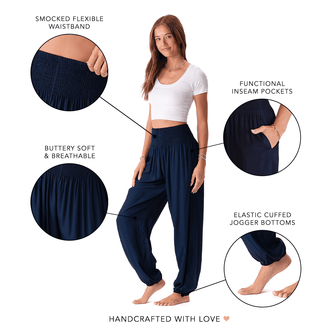 Detailed features of Lotus and Luna Harem Pants XL including smocked waistband, inseam pockets, and breathable soft fabric.
