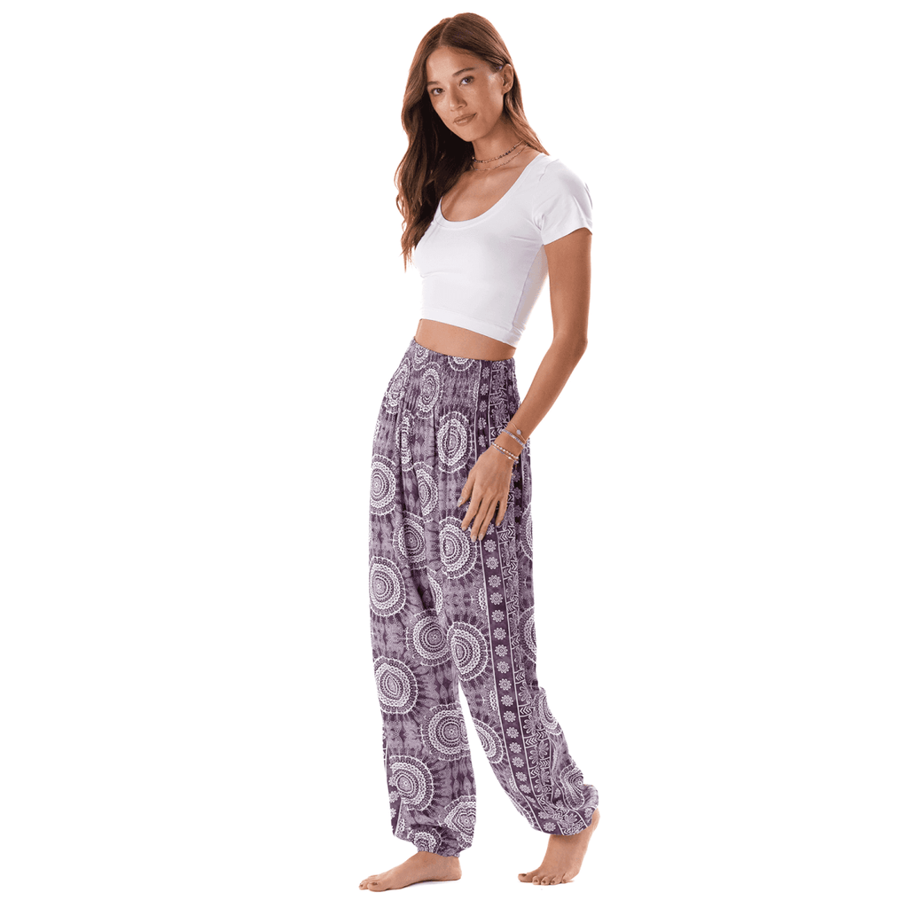 Madeira Harem Pants with purple mandala print, featuring a smocked waistband and side pockets. Ideal for yoga, lounging.