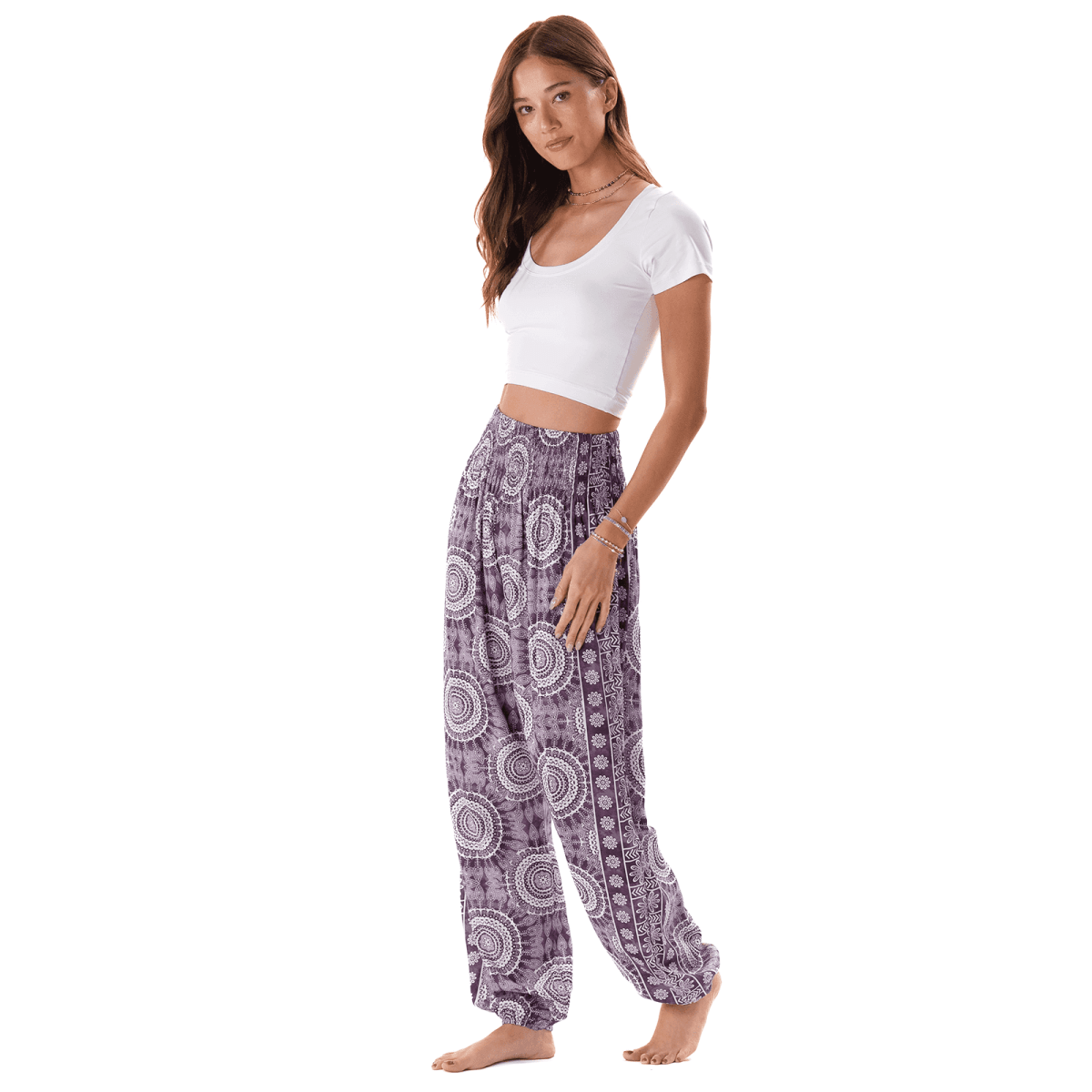 Madeira Harem Pants with purple mandala print, featuring a smocked waistband and side pockets. Ideal for yoga, lounging.