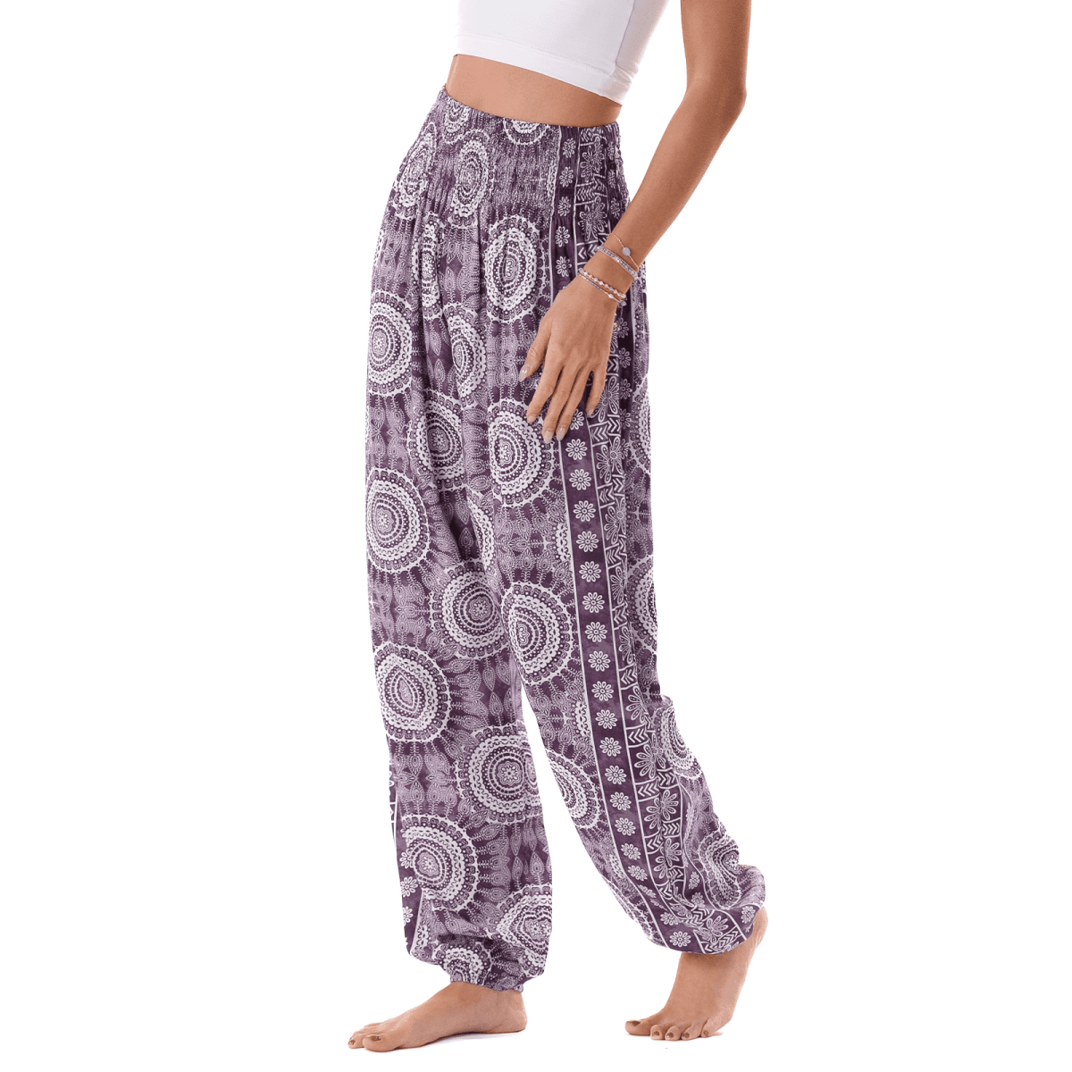 Madeira Harem Pants in women's XL with purple mandala print, featuring a smocked waistband and side pockets.