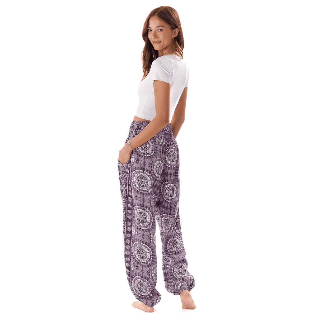 Madeira Harem Pants with purple mandala print, featuring smocked waistband and side pockets. Ideal for yoga or lounging.