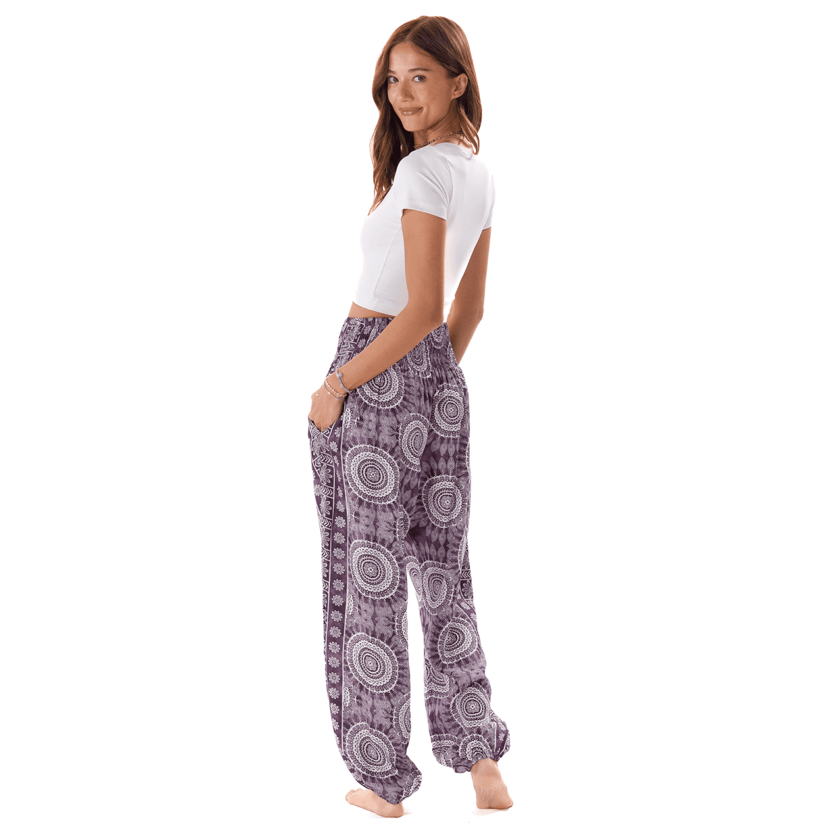 Madeira Harem Pants with purple mandala print, featuring smocked waistband and side pockets. Ideal for yoga or lounging.