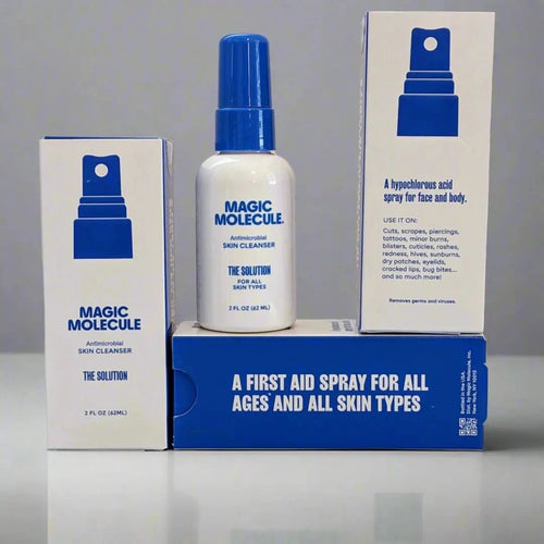 Magic Molecule skin cleanser set of 3 bottles and packaging on a gray background Magic Molecule Spray at Elle and Willow