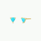Blue Turquoise triangle stud earrings with gold posts on a white background.