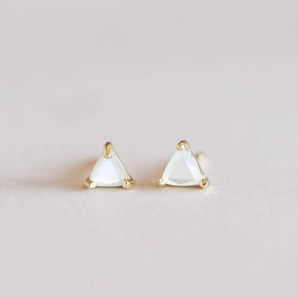 white mother of pearl and yellow gold  mini energy gem gemstone stud earrings in a triangle shape