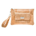 natural cork clutch wristlet wallet with top zipper closure, front flap close pocket and wrist strap
