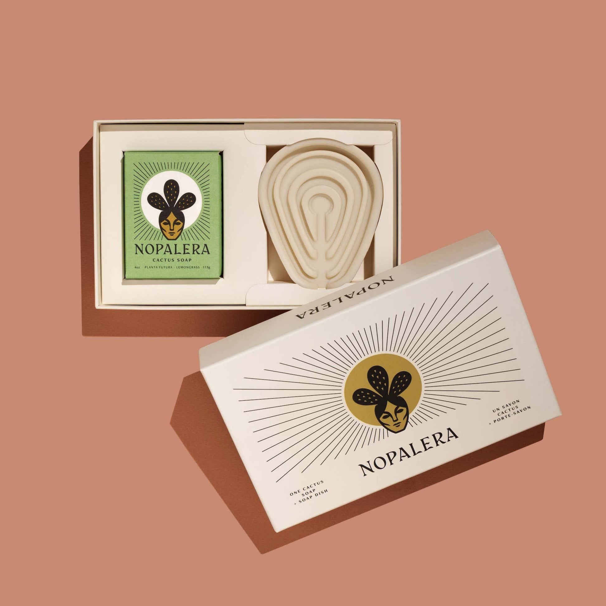 Nopalera Lemongrass Soap Gift Set with artisanal cactus soap and silicone soap dish in elegant modern Mexican packaging.