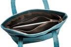 Grace Peacock Blue Handbag open top view with laptop inside, highlighting spacious interior and secure zippered section.