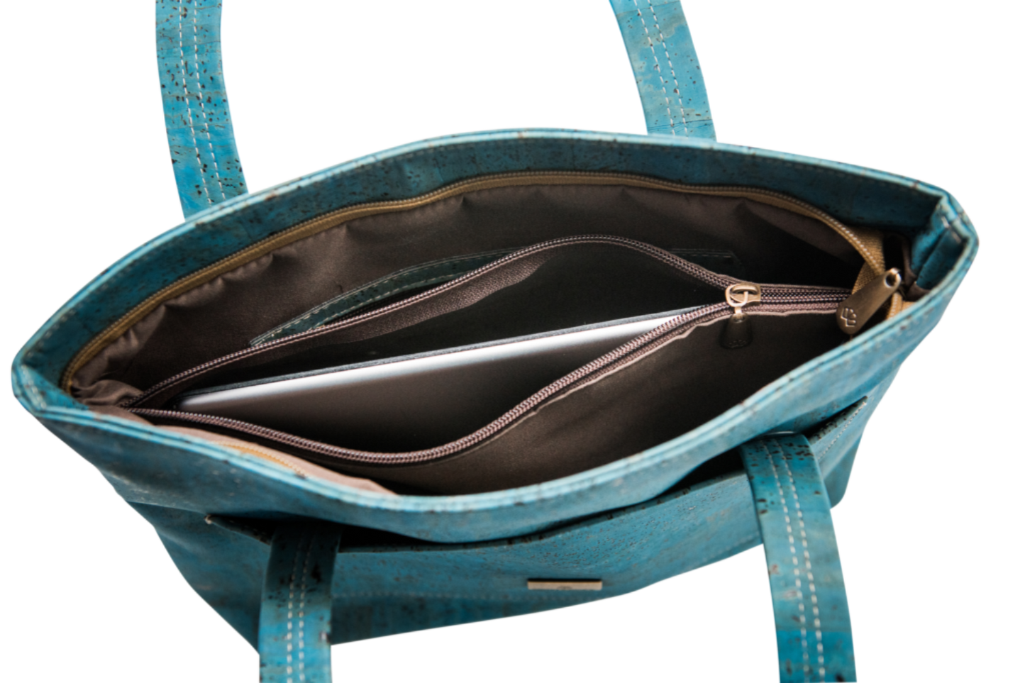 Grace Peacock Blue Handbag open top view with laptop inside, highlighting spacious interior and secure zippered section.