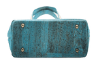 Bottom view of Grace Peacock Blue Cork Handbag featuring reinforced corners and metal feet for durability and structure.