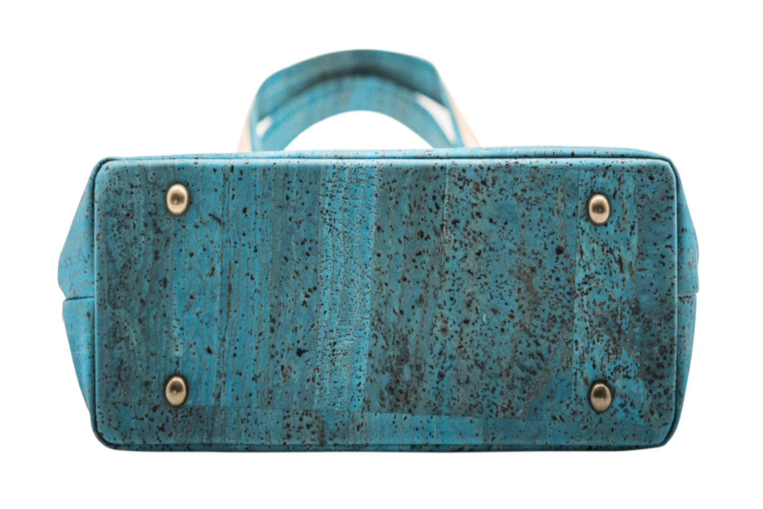 Bottom view of Grace Peacock Blue Handbag featuring reinforced corners and metal feet for durability and structure.