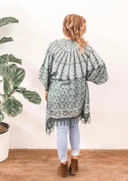 Rainforest Green Mandala Print Boho Fringe Kimono - Women's Bohemian Style Kimono by Village Thrive - Back View
