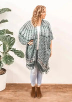 Rainforest Green Mandala Print Boho Fringe Kimono - Women's Bohemian Style Kimono by Village Thrive