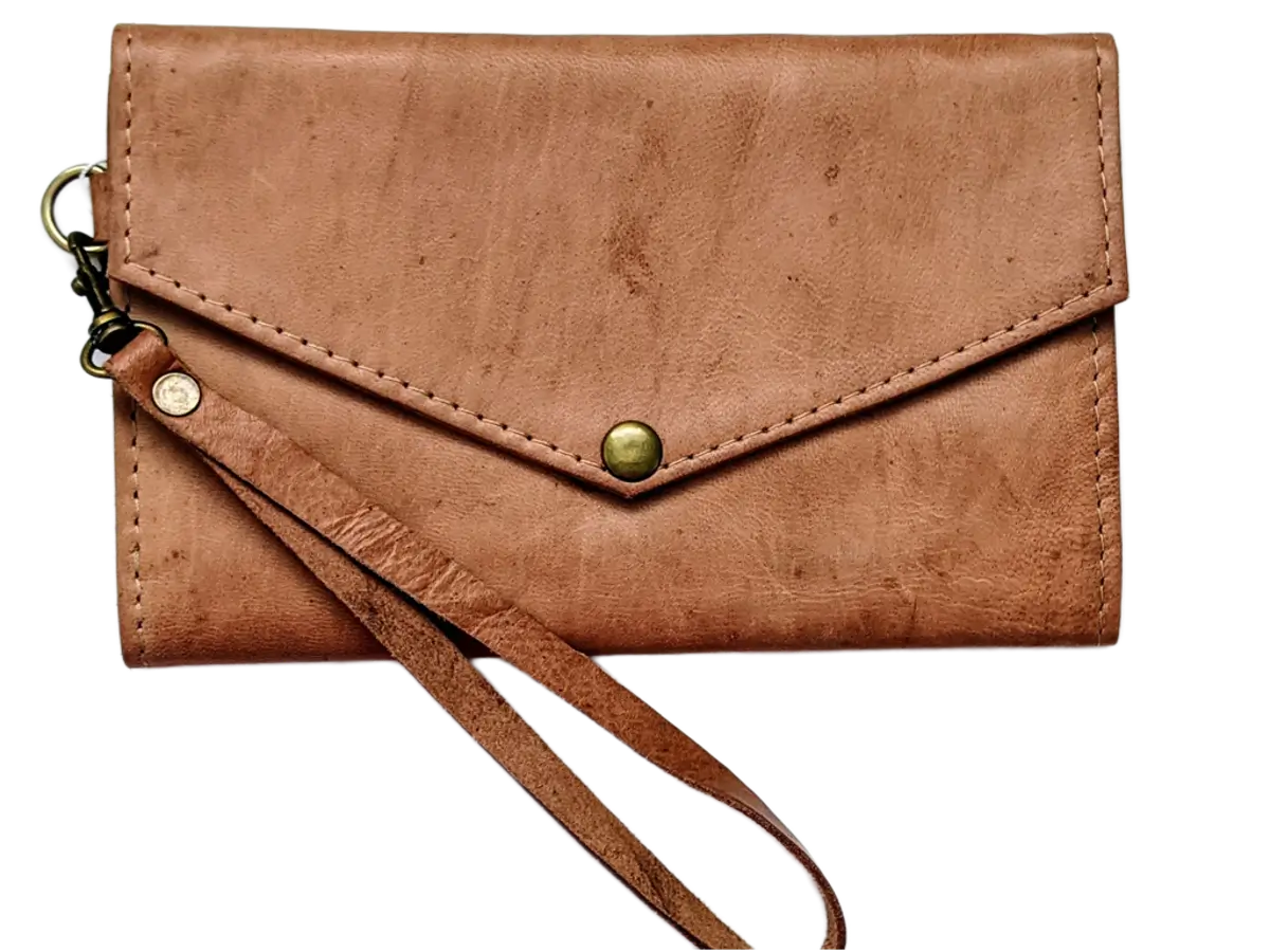 leather wristlet wallet with snap front closure in brown color