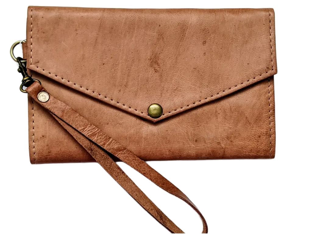 leather wristlet wallet with snap front closure in brown color