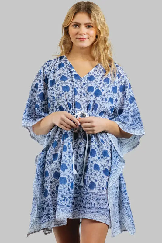 Sevya - Blue and White Floral Print Short Cotton Caftan Dress