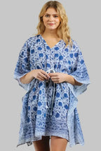 Blue & White Floral Short Caftan Dress or Swim Cover-up, Caftan Dress by Sevya Handmade, Bohemian Clothing at Elle and Willow