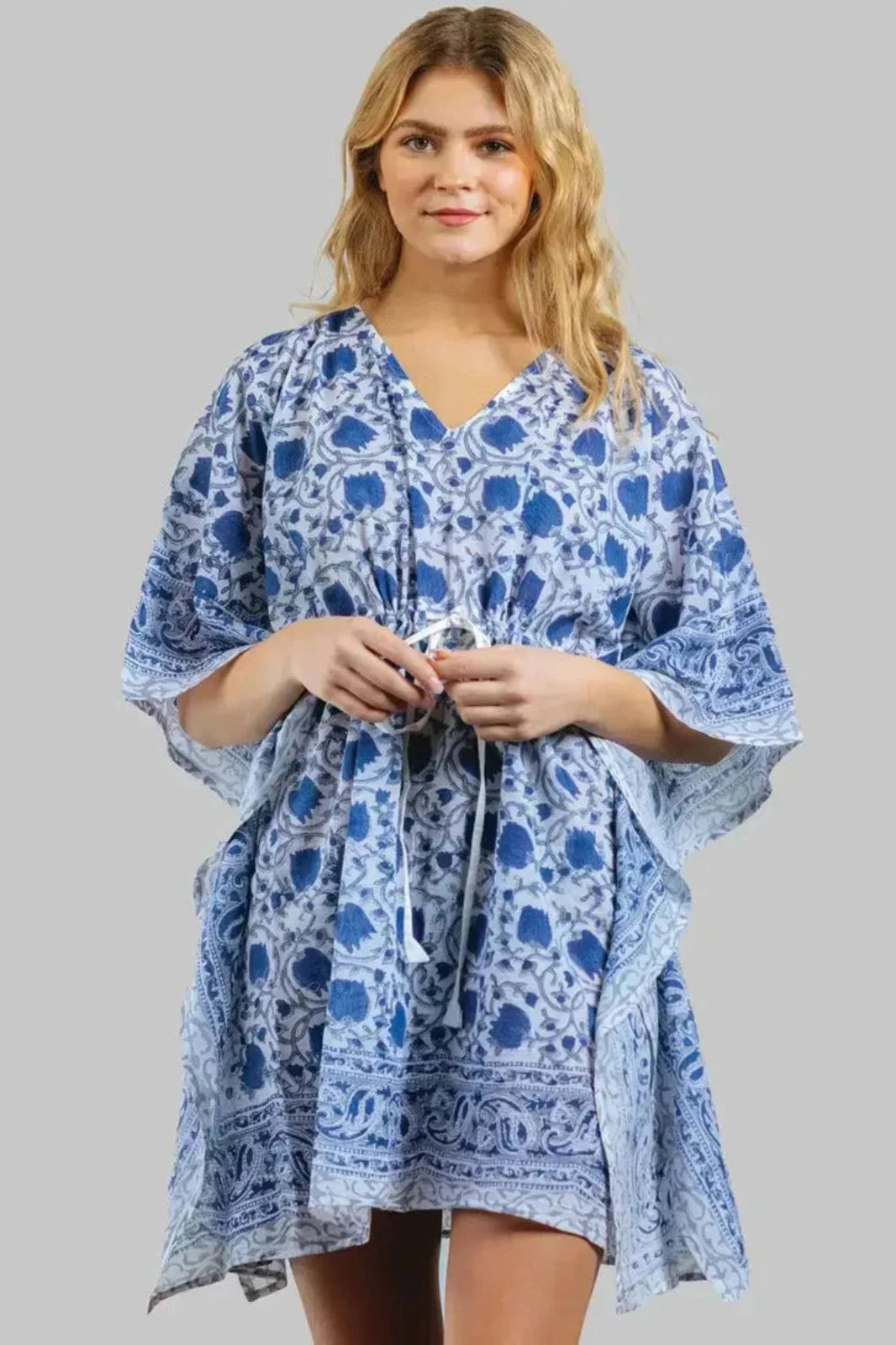 Blue and White Floral Print Short Cotton Caftan Mini Dress