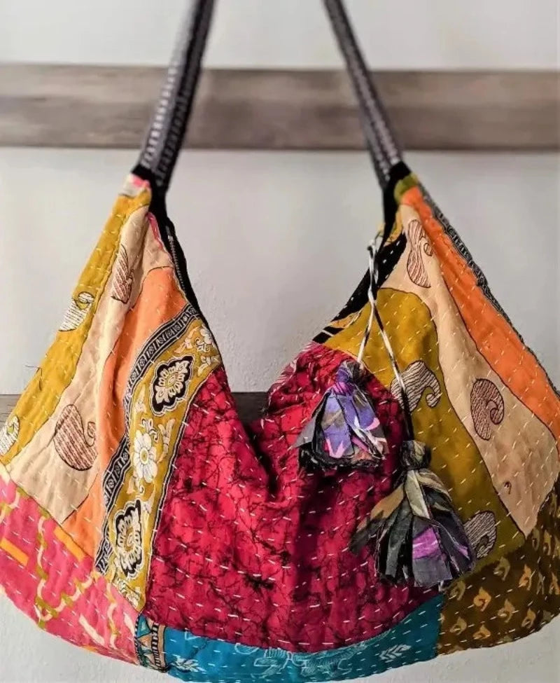 Kantha Patchwork Hobo Crossbody Bag in Blue and Pink Print